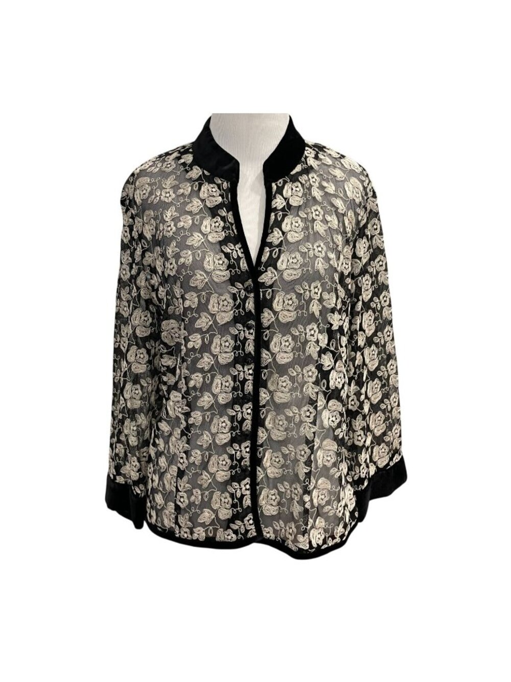 Talbots Embroidered Sheer Shirt Jacket sz 14P Black Witchy Romantic Goth Fairy